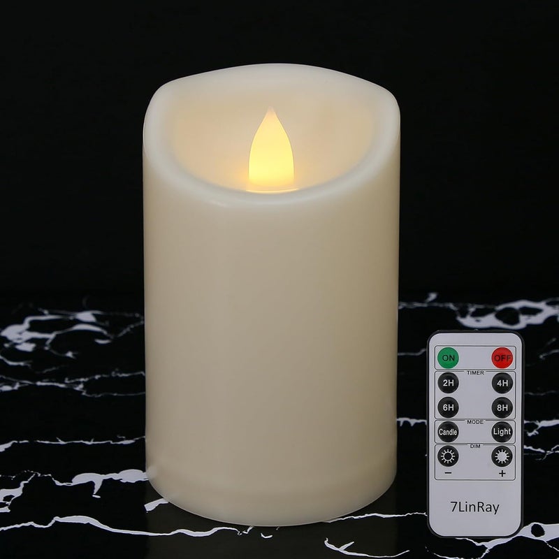 7LinRay Store 3" x 5" Flameless Candles Outdoor Battery Operated Candles with Remote and Timer, Waterproof Flameless Pillar Flickering LED Candles for Home Wedding Decor, Ivory Plastic, 1 Pack - Image 1